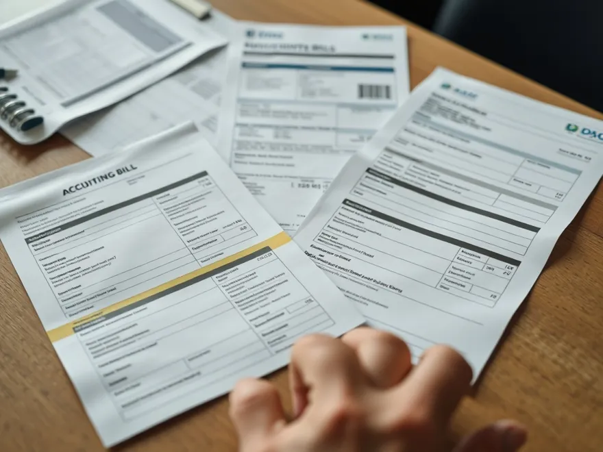 Medical bills and accident paperwork laid out on a table