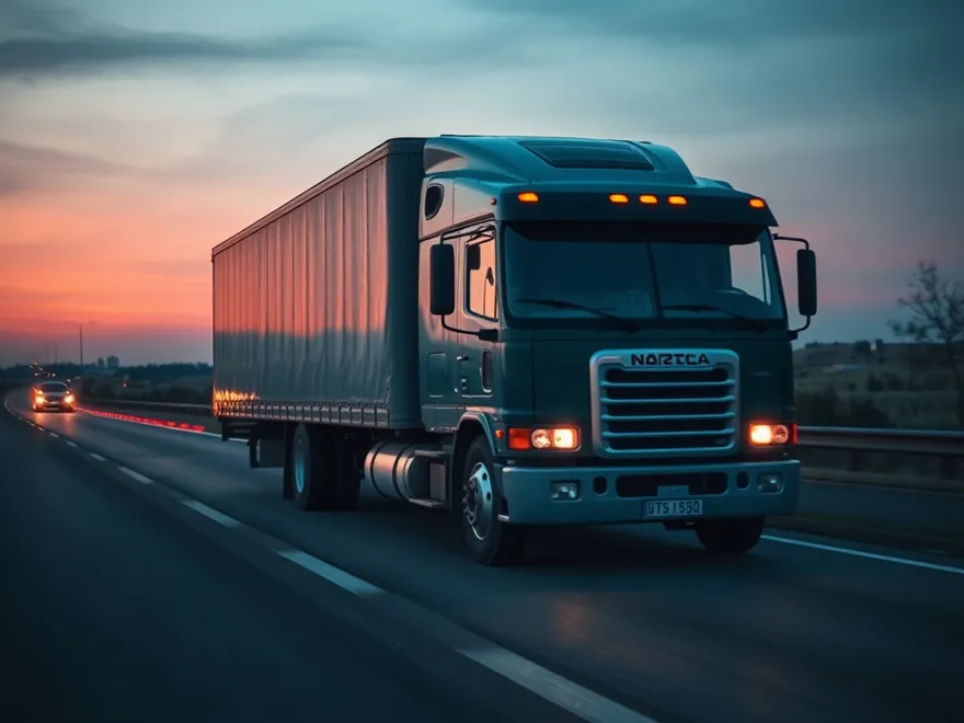 Commercial truck on a highway at dusk